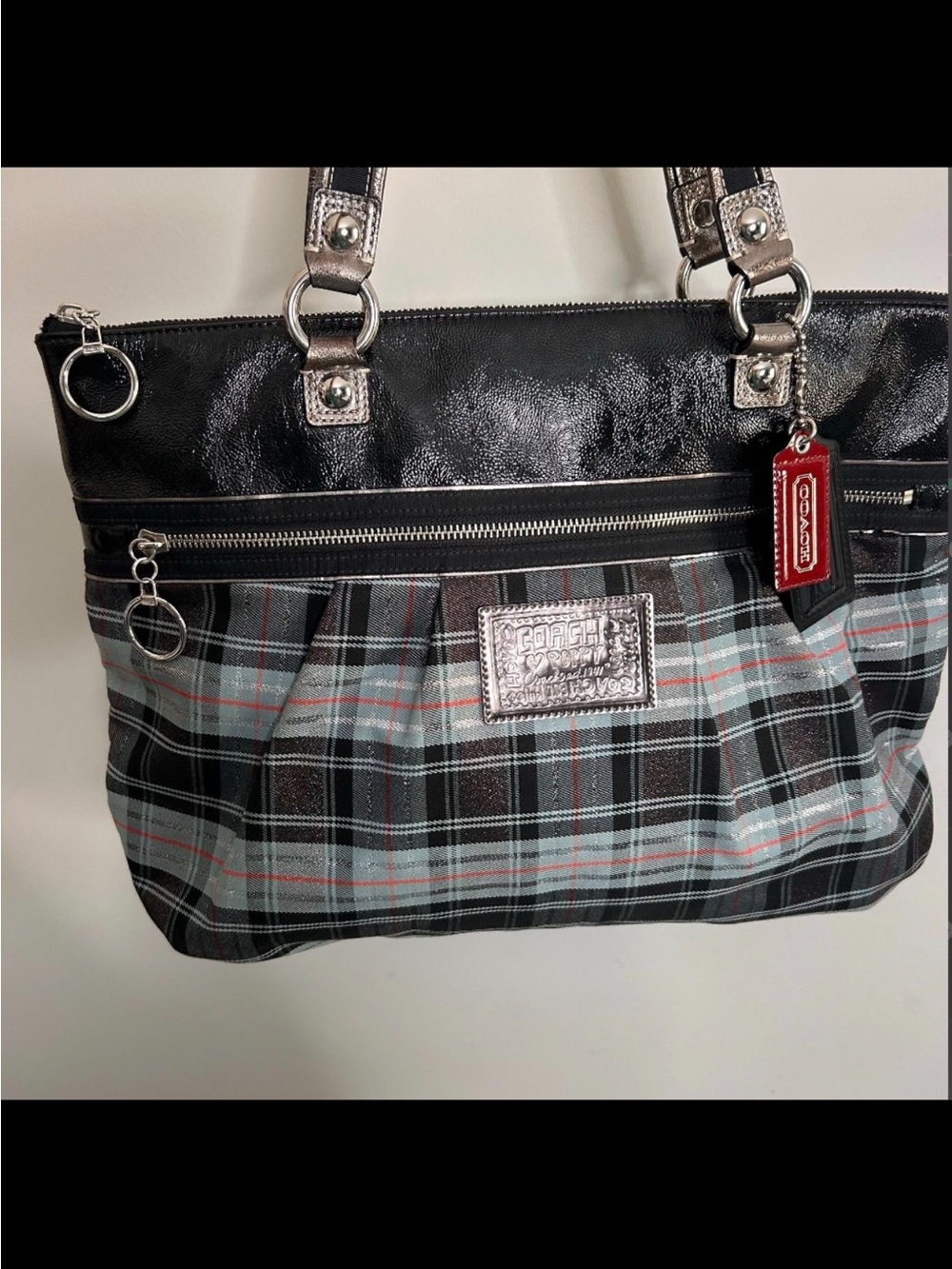 Coach Black Plaid Shoulder Bag with Silver Accents and Red Hangtag